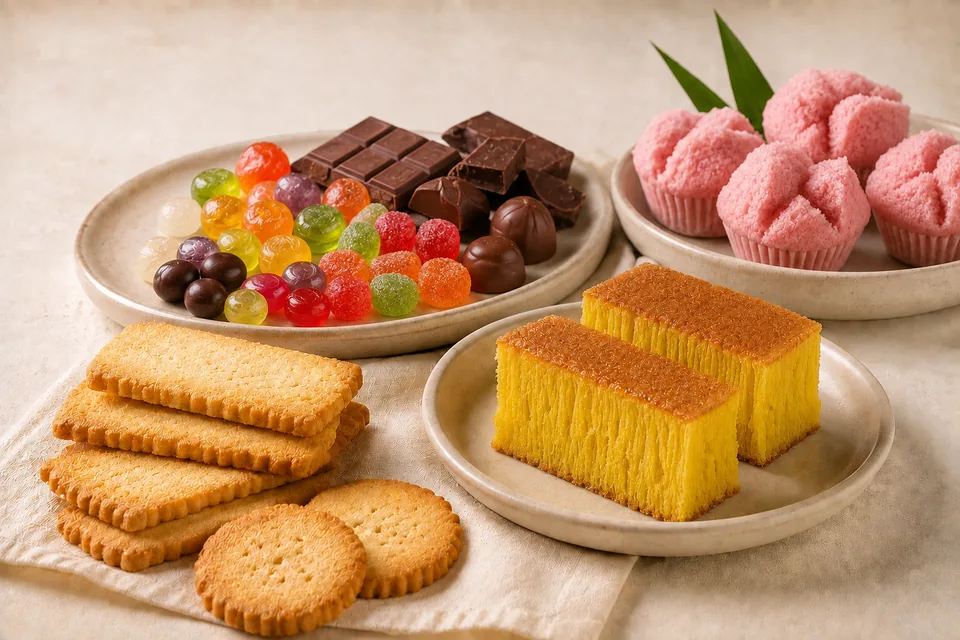 Bika ambon, pink kue mangkok, biscuits, hard candies, gummies and chocolate