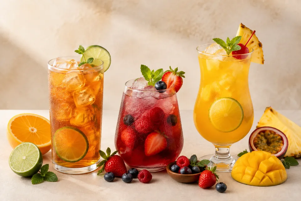 Refreshing fruit drinks and iced teas with citrus, ice and mint