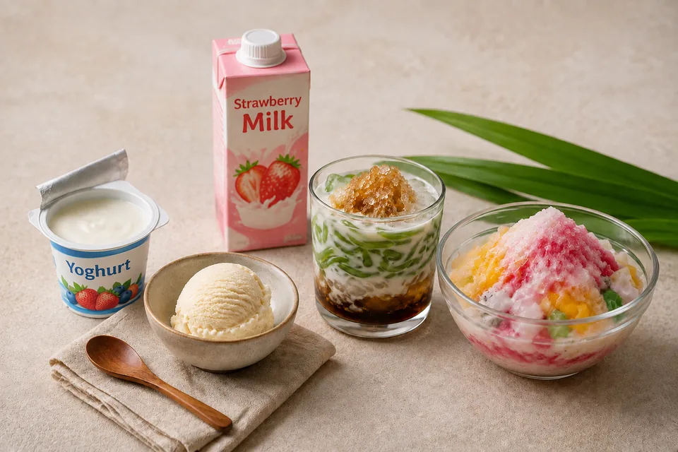 Yoghurt, strawberry milk, es campur, ice cream and cendol