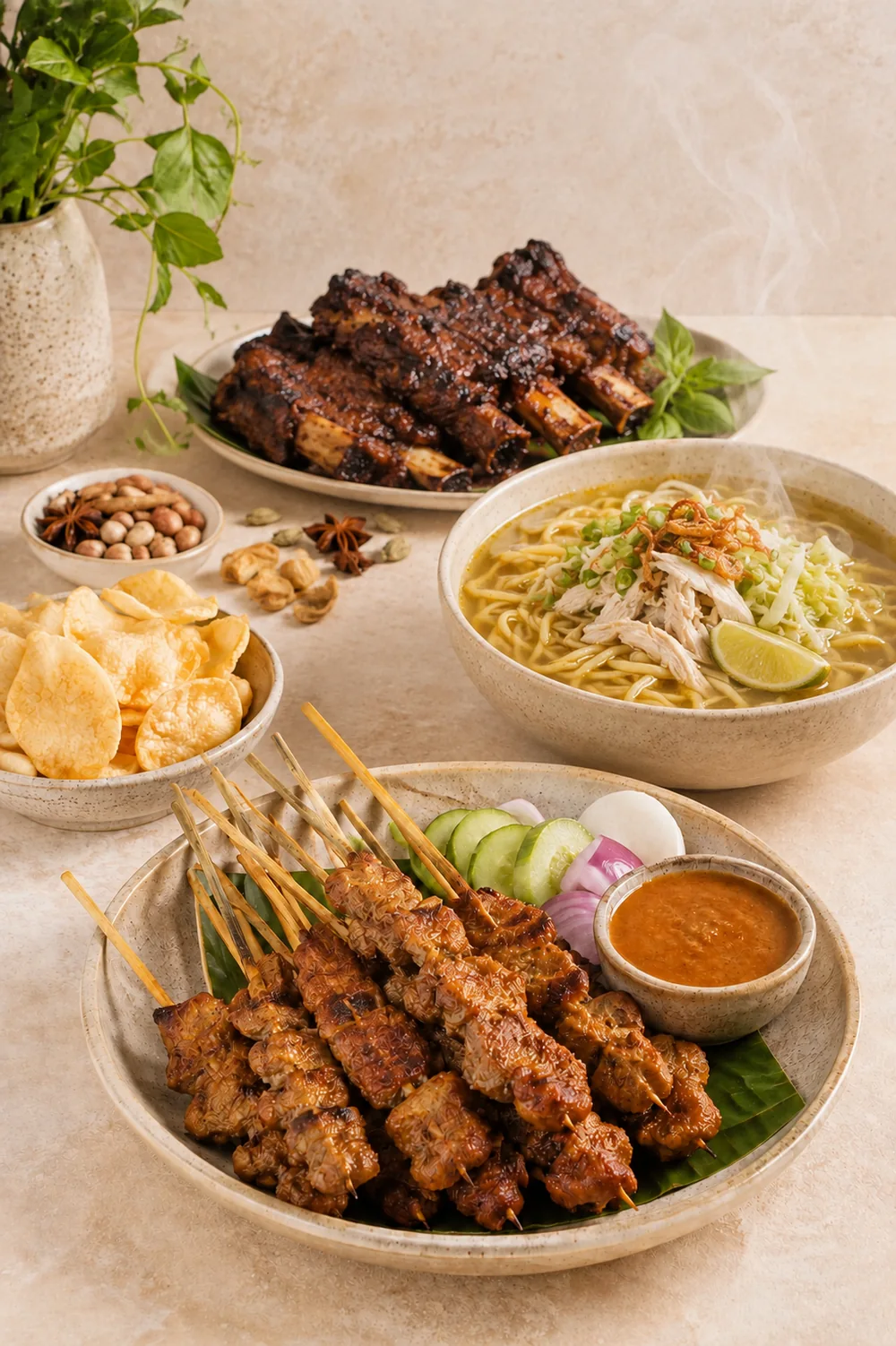 Indonesian satay, steaming mie soto kuah, grilled beef ribs and crispy snacks