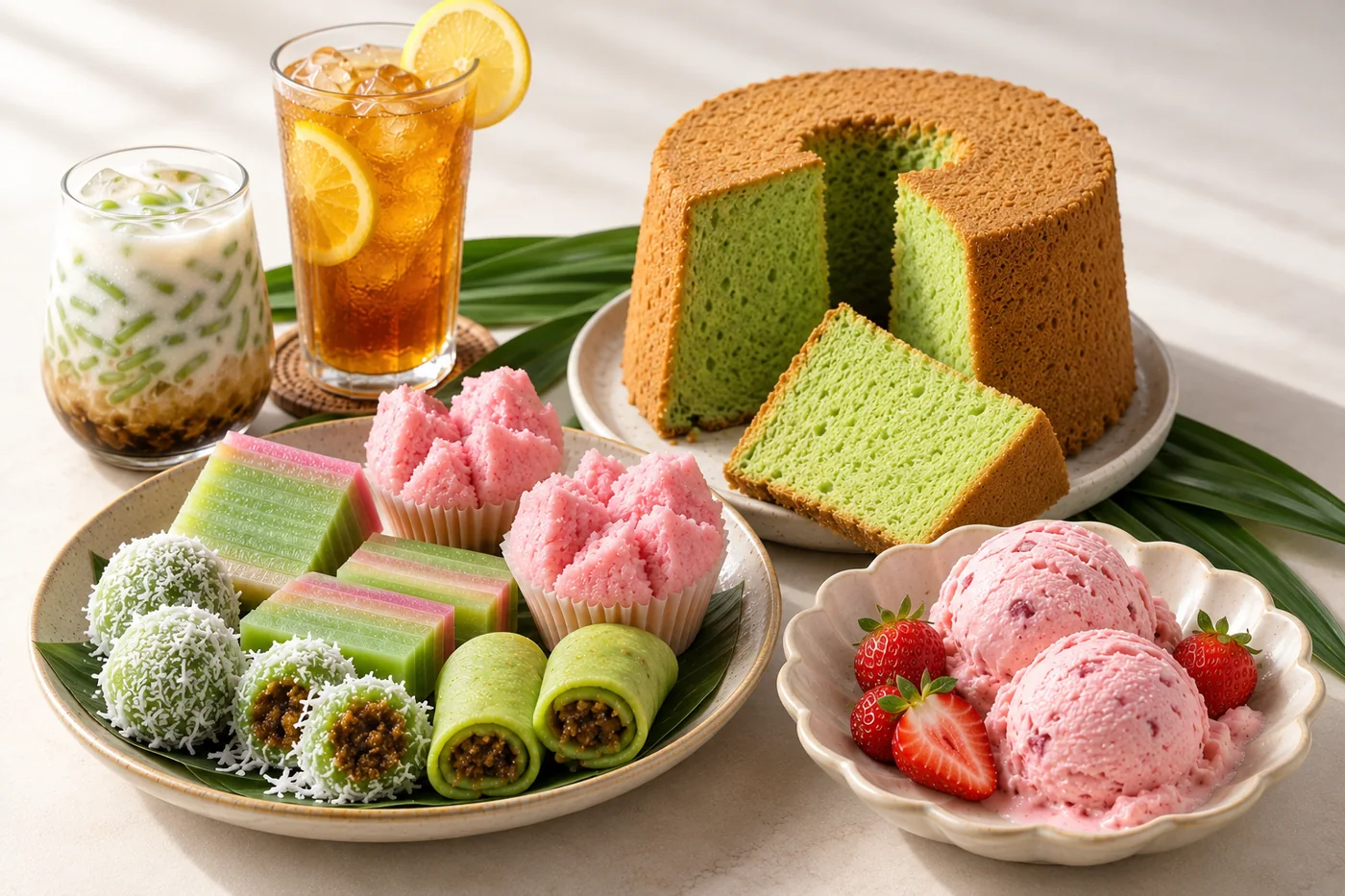 Lemon tea, es cendol, cut pandan chiffon cake, assorted kue jajanan pasar and softly melting strawberry ice cream
