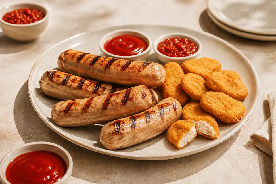 Whole grilled chicken sausages and breaded chicken nuggets with sambal