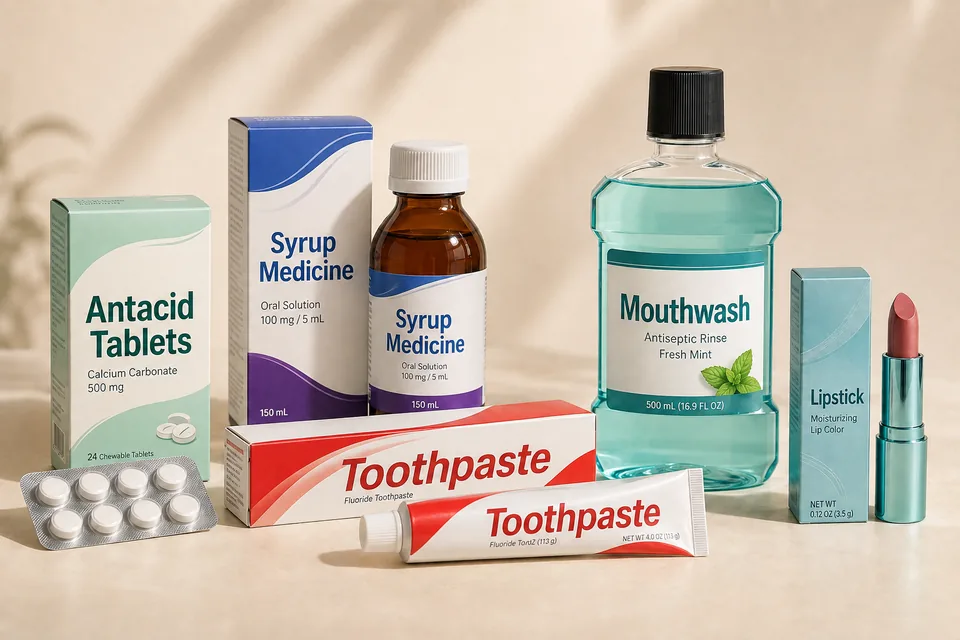 Generic-labelled antacid tablets, syrup medicine, toothpaste, mouthwash and lipstick