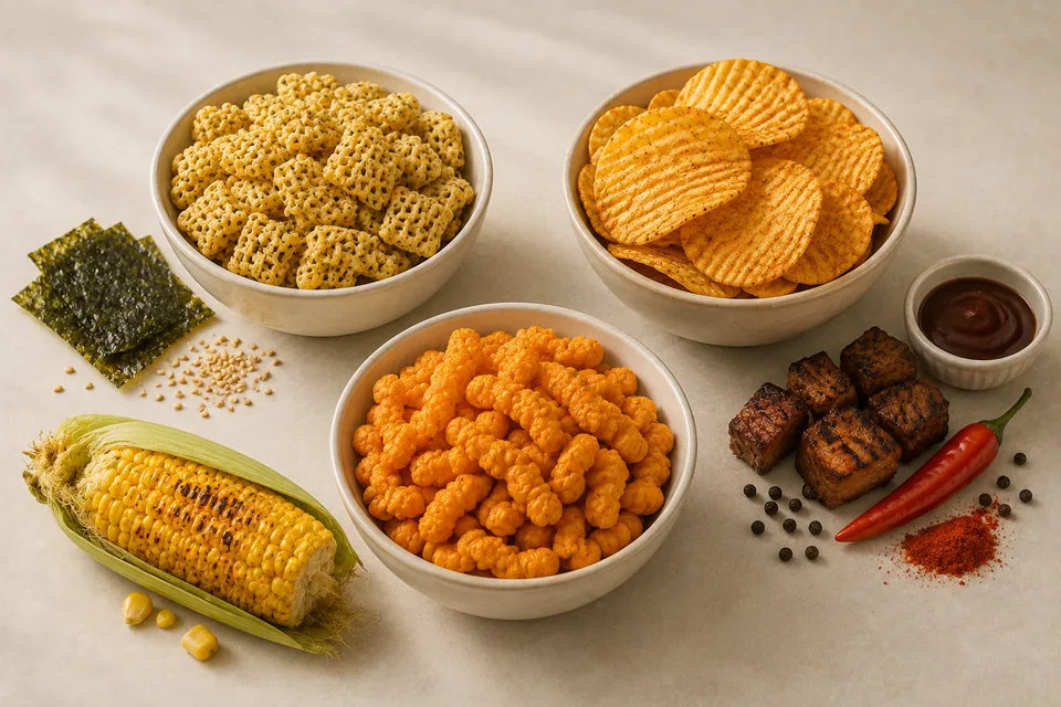 Taro seaweed net crisps, roasted corn puffs and barbecue ridged potato chips with flavour ingredients
